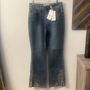 CHARLIE B Dark Blue Flare Jeans with Embellished Hem